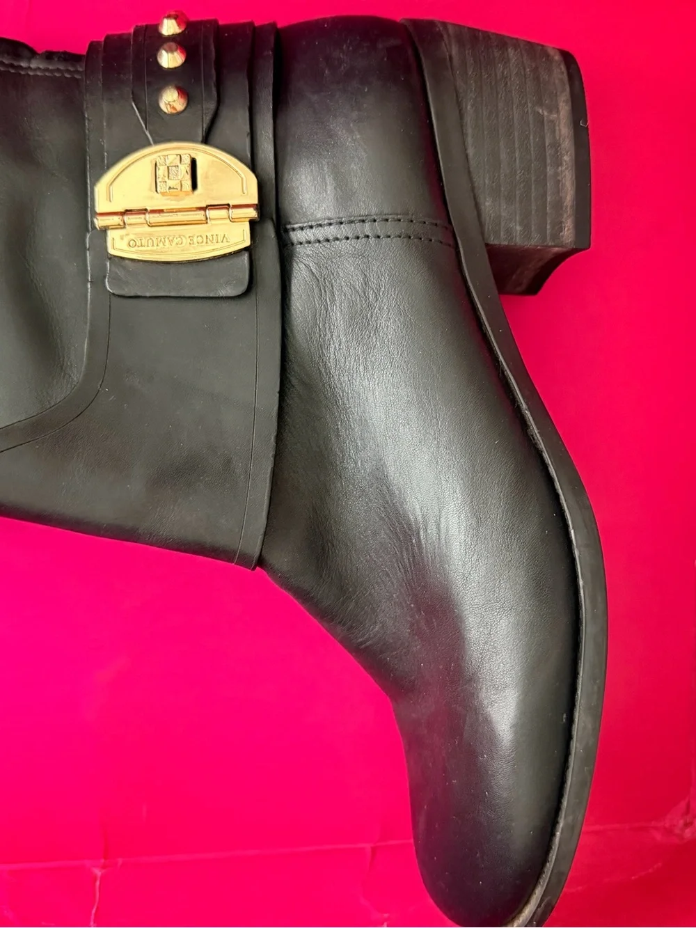 Vince Camuto Beatrix Black Leather Over-the-Knee Boots with Gold Studs & Buckle